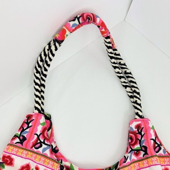 Rip Curl Vibrant Pink Red Embroidered Floral Soft Cotton Canvas Boho Tote Bag - Picture 10 of 16